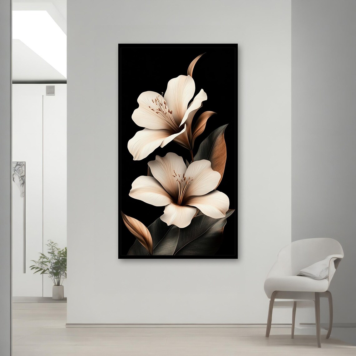 Elegant Beige Flowers On Black Minimalist Botanical Floral Art Poster - Image 2