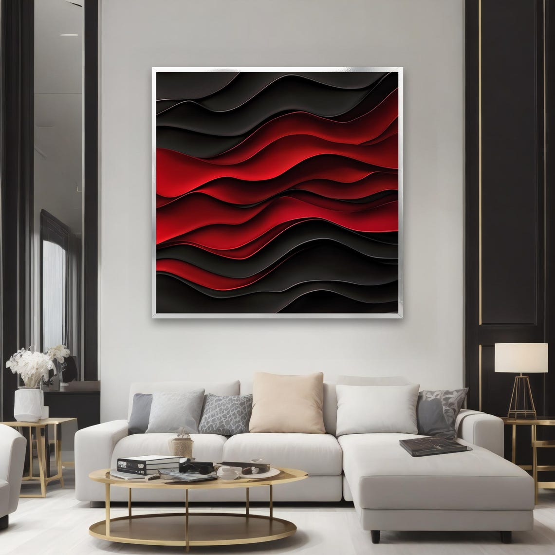 Black And Red Layered Waves 3D Effect Modern Abstract Wall Art - Image 2