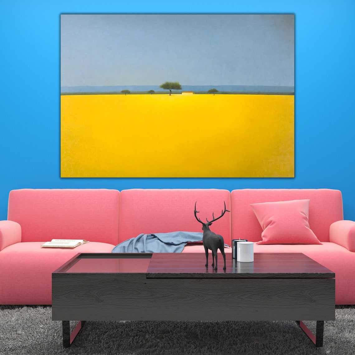 Minimalist Yellow Field Lone Trees Horizon Modern Landscape Art Poster - Image 2
