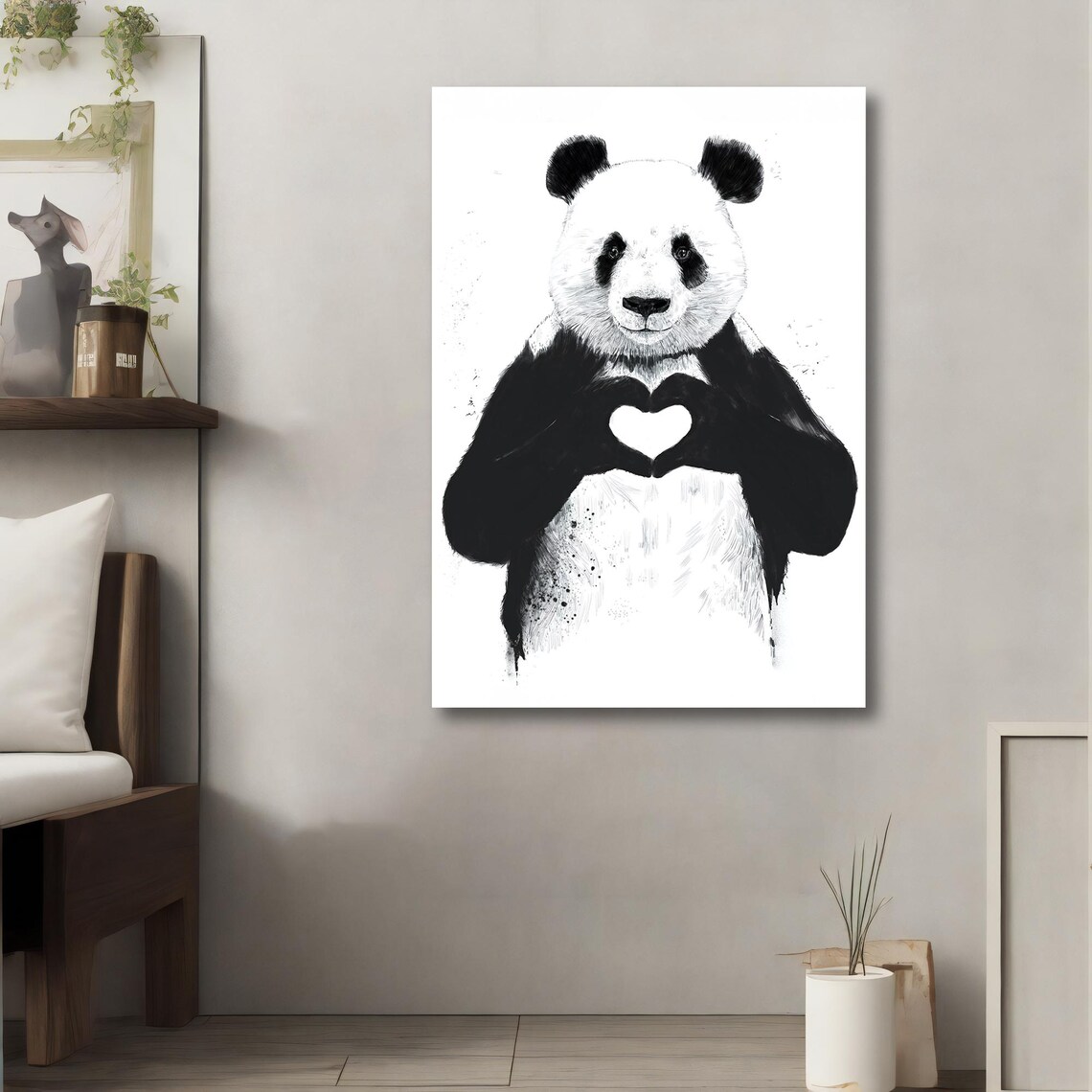 Sweet Panda Holding Heart Black And White Cute Animal Love Poster - Image 4