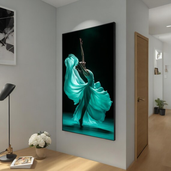 Ballet Dancer In Flowing Turquoise Dress Dramatic Dark Stage Elegant Poster