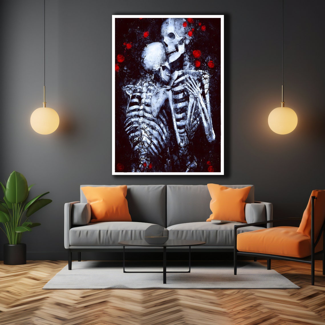 Skeleton Lovers Embracing Among Red Roses Dark Gothic Romance Wall Art - Image 3