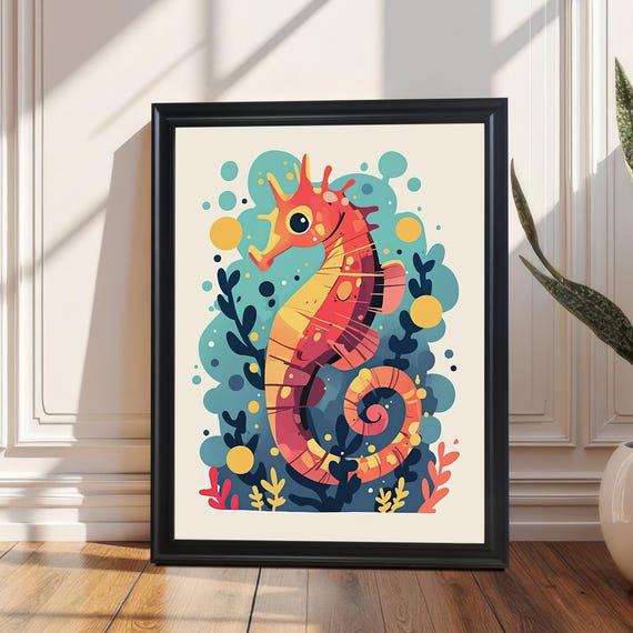 Abstract Ocean Animal Seahorse Wood Framed Wall Art Print For Kids Room Decor