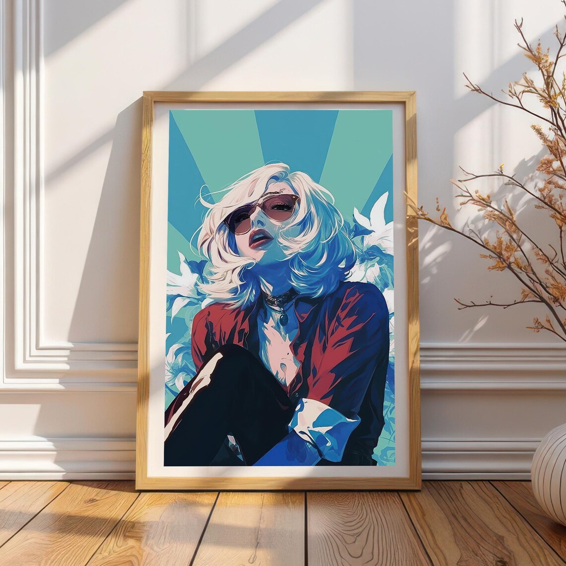 Blonde Woman with Sunglasses Radiant Blue Pop Art Fashion Print