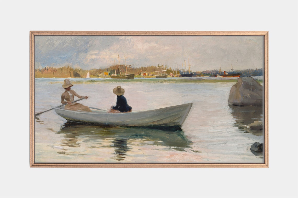 Two Women Rowing a Boat on Calm Water Vintage Seascape Poster