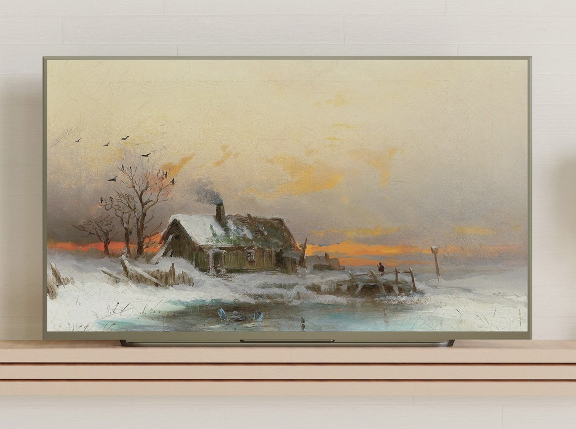 Rustic Cabin by Frozen Pond at Sunset Vintage Winter Landscape Poster - Image 3