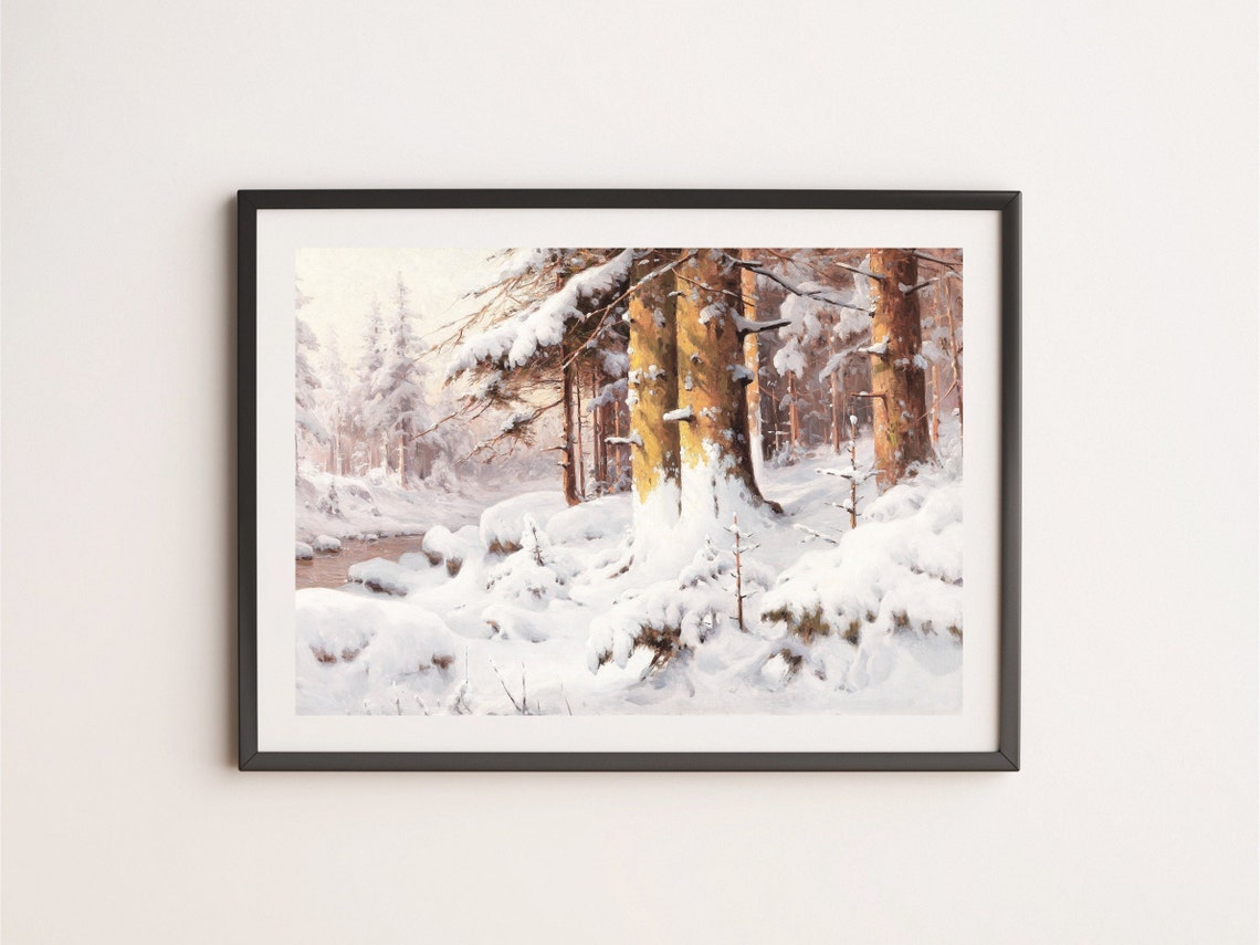 Snowy Pine Forest with Gentle Stream Vintage Winter Forest Poster - Image 4