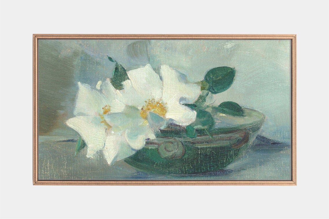White Roses In Green Bowl Soft Impressionist Floral Still Life Poster