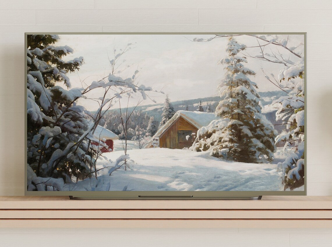 Sunlit Wooden Cabin in Snowy Fir Forest Winter Morning Poster - Image 3