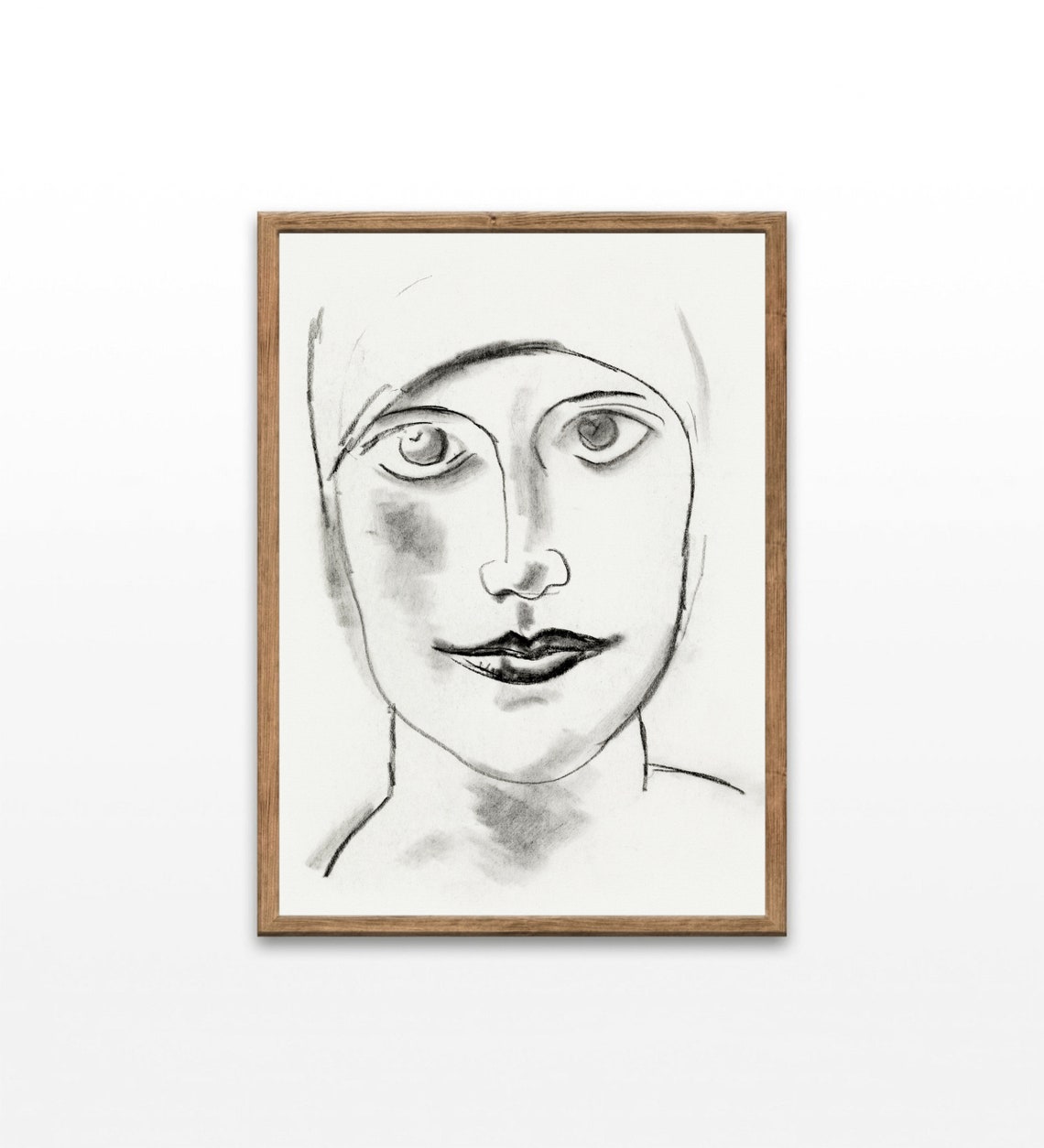 Woman Portrait Charcoal Sketch Vintage Headscarf Face Drawing Wall Art