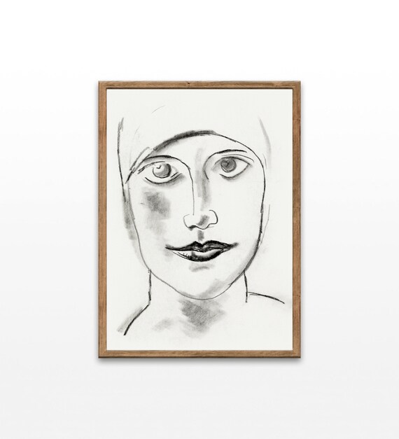 Woman Portrait Charcoal Sketch Vintage Headscarf Face Drawing Wall Art