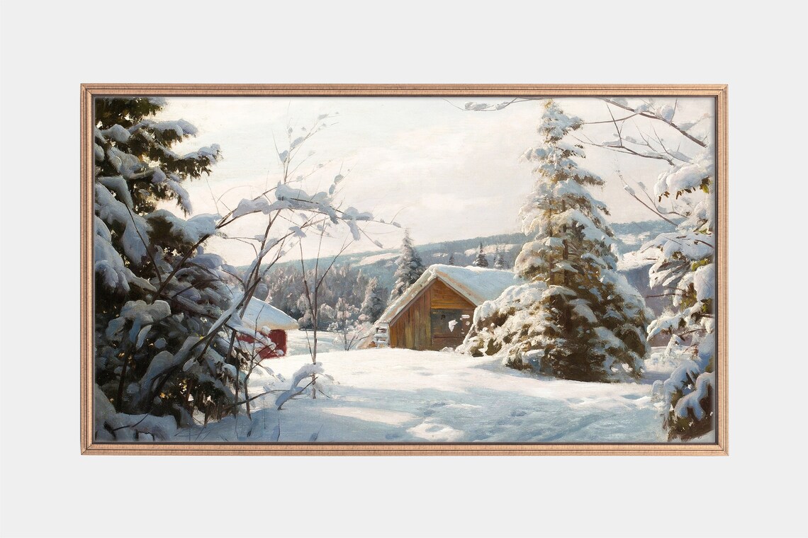 Sunlit Wooden Cabin in Snowy Fir Forest Winter Morning Poster
