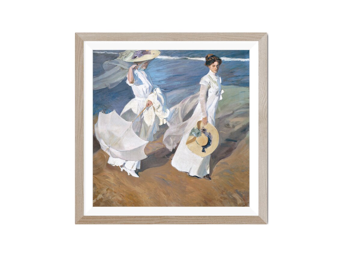 Sorolla Strolling Along The Seashore Women White Dresses Beach Art Poster - Image 2