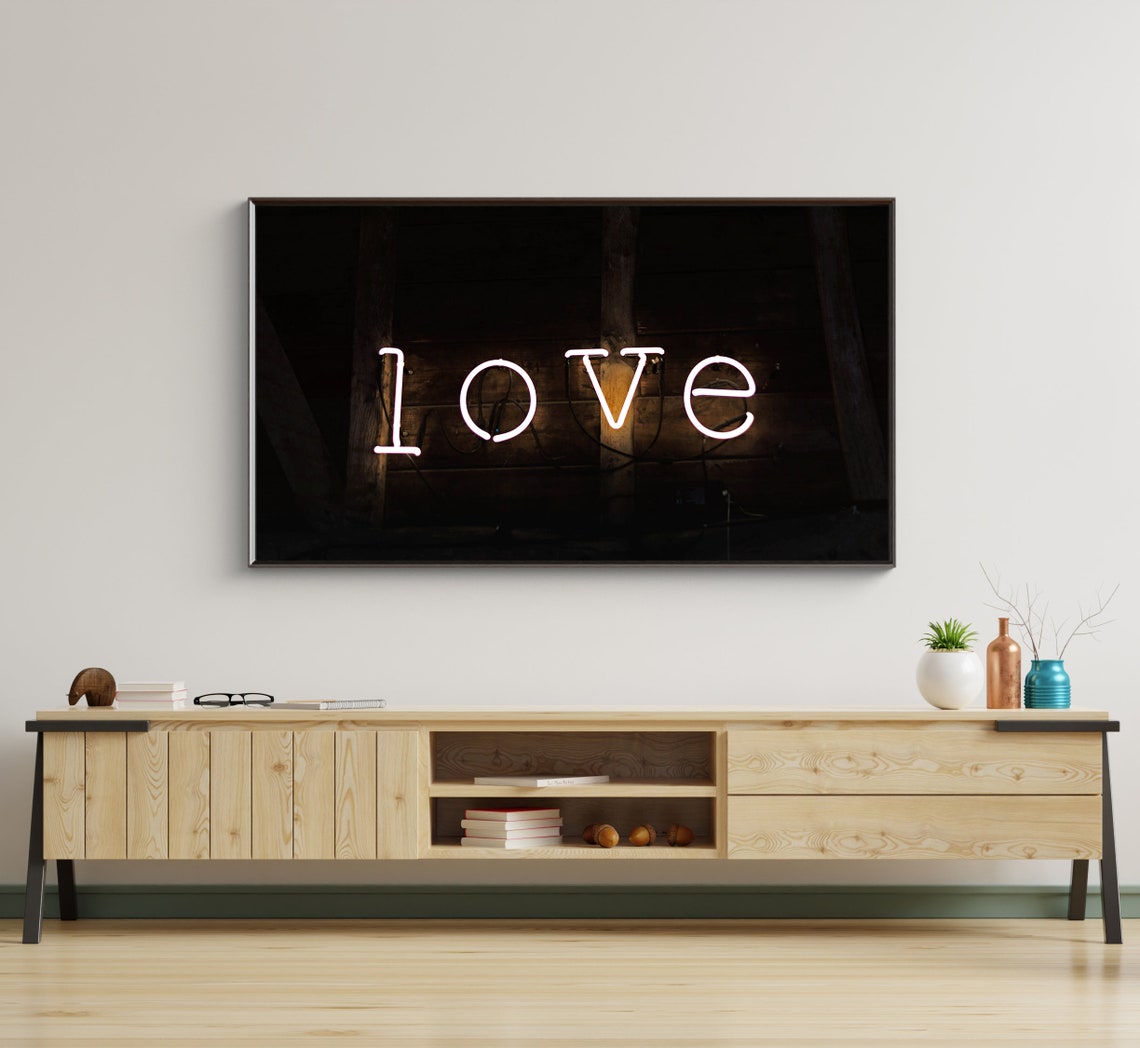 Neon Love Sign Dark Background Typography Quote Wall Decor Poster
