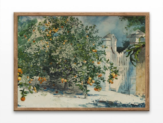 Orange Trees Paintings Watercolor Prints Vintage Landscape Artworks Lake House Art Prints Wall Art
