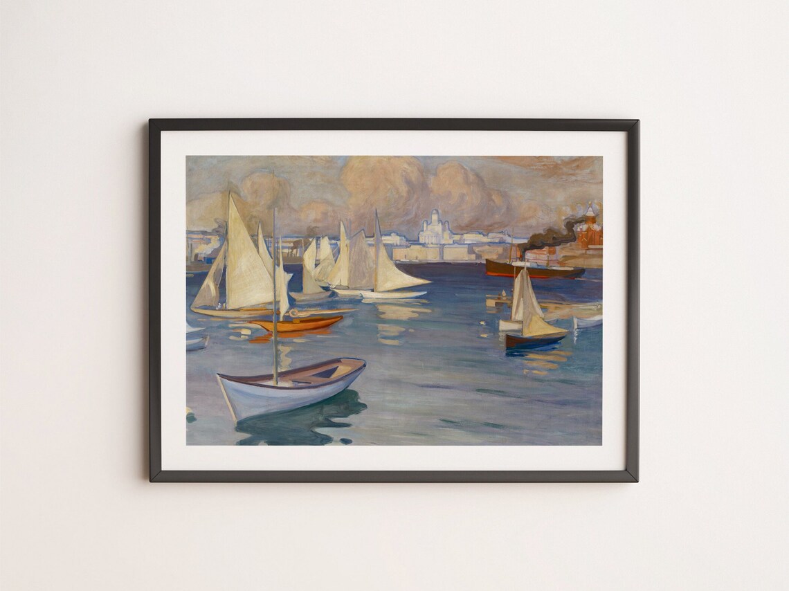 Vintage Harbor With Sailboats And White Domed Church Oil Painting Poster - Image 4