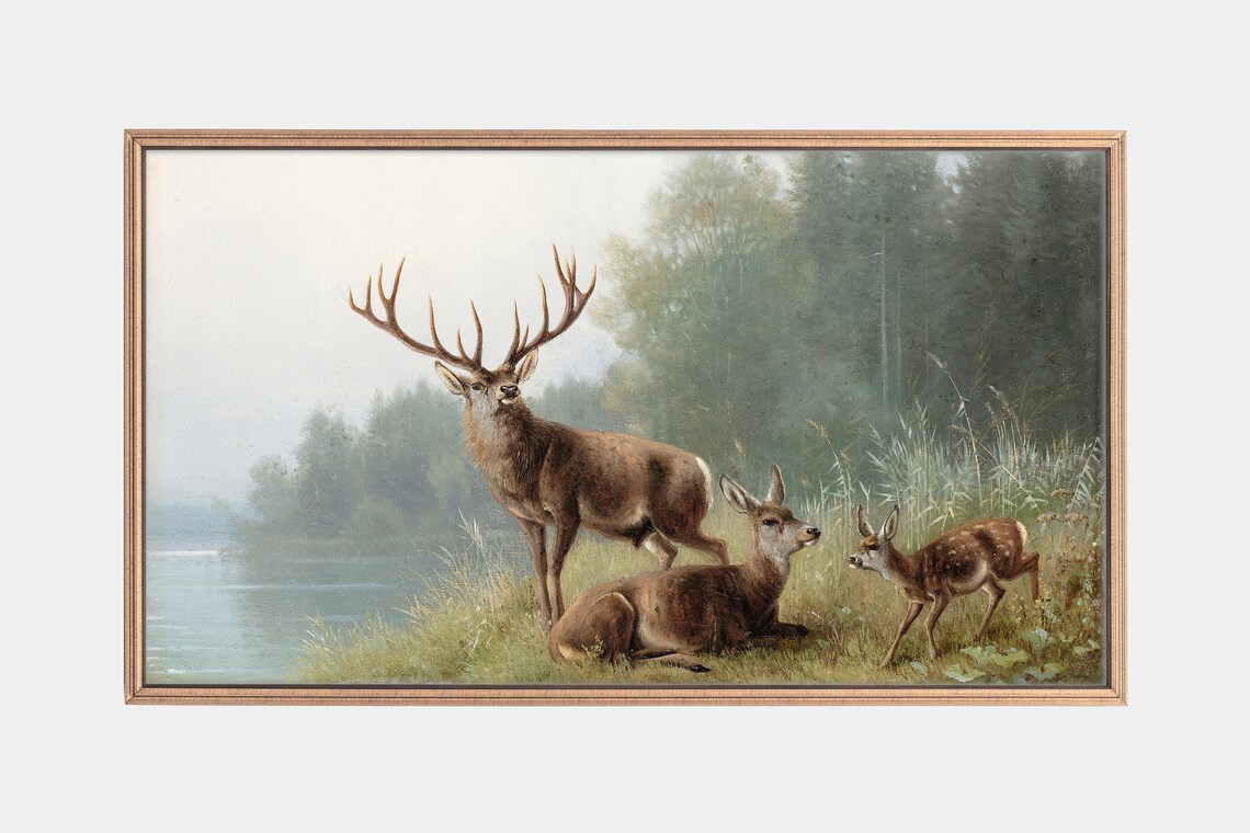 Red Deer Stag Doe And Fawn By Misty Lake Vintage Wildlife Art Poster