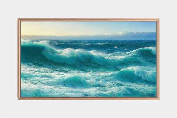 Sunlit Ocean Waves Seagulls Vintage Seascape Nautical Oil Painting Poster