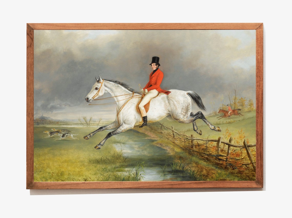 English Fox Hunter In Red Coat On Grey Horse Jumping Fence Oil Poster - Image 2