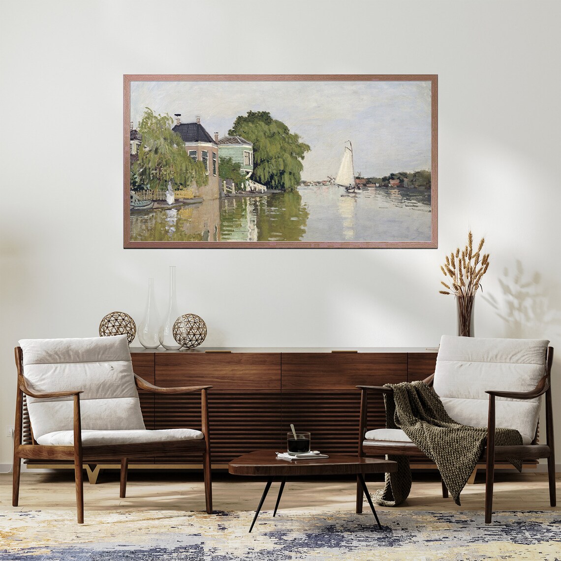 Claude Monet Houses On The River Dutch Canal Sailboats Vintage Wall Poster - Image 2