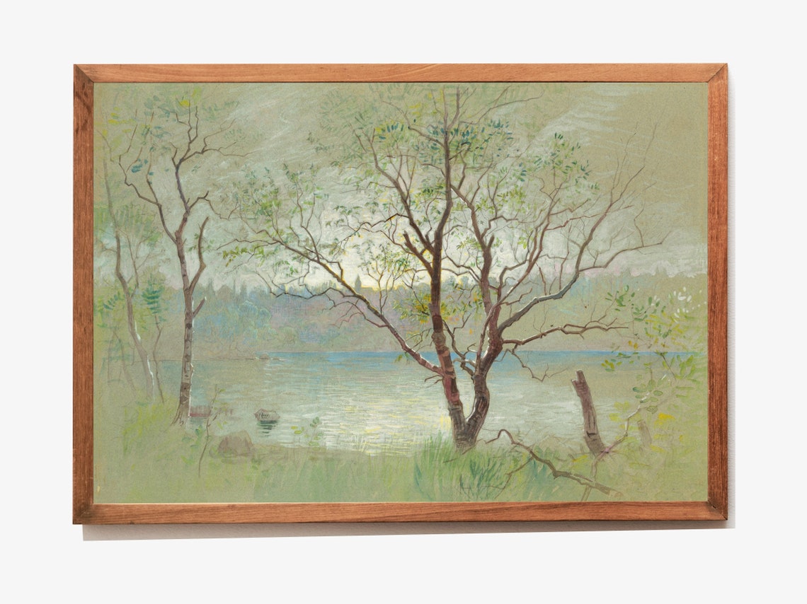 Delicate Tree Study By Calm Lake Vintage Sketch Landscape Art Poster - Image 3