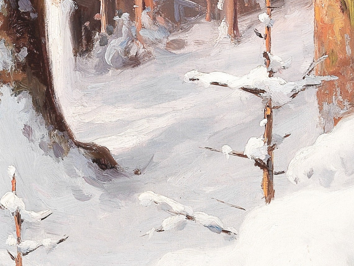 Snowy Pine Forest with Gentle Stream Vintage Winter Forest Poster - Image 2