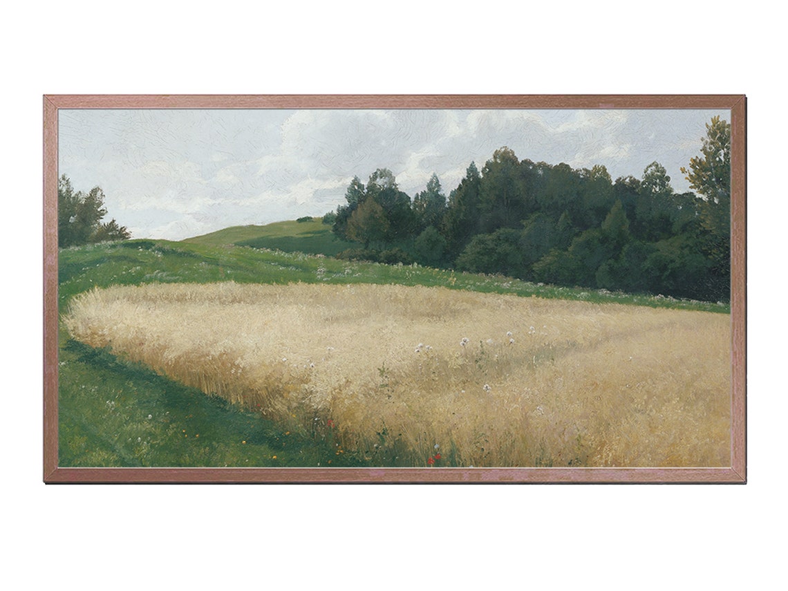 Golden Wheat Field with Green Hills Vintage Countryside Art Poster