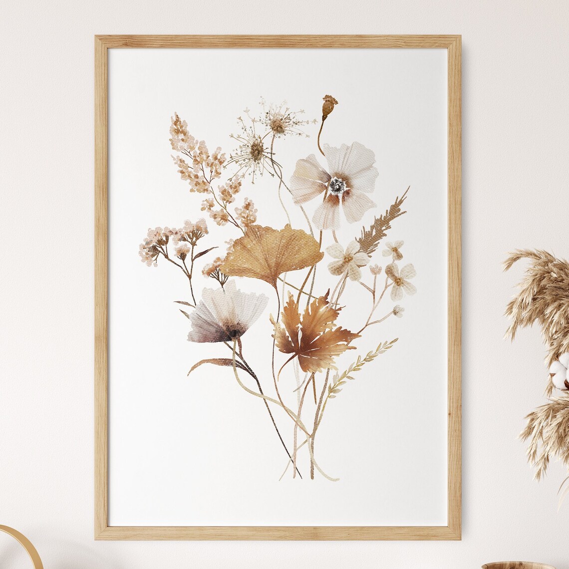 Neutral Beige Wildflower Sprig Bouquet Watercolor Botanical Poster