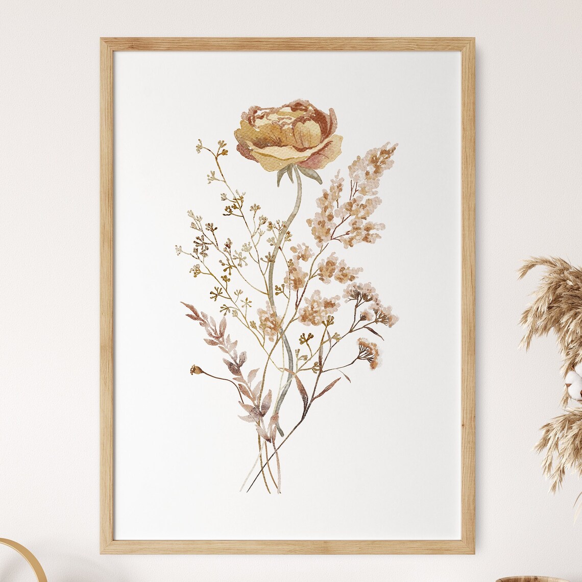 Beige Wildflower Bouquet Watercolor Neutral Botanical Art Poster