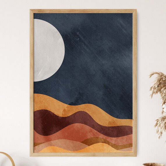Abstract Moon Over Desert Dunes Navy Night Boho Poster For Modern Neutral Decor