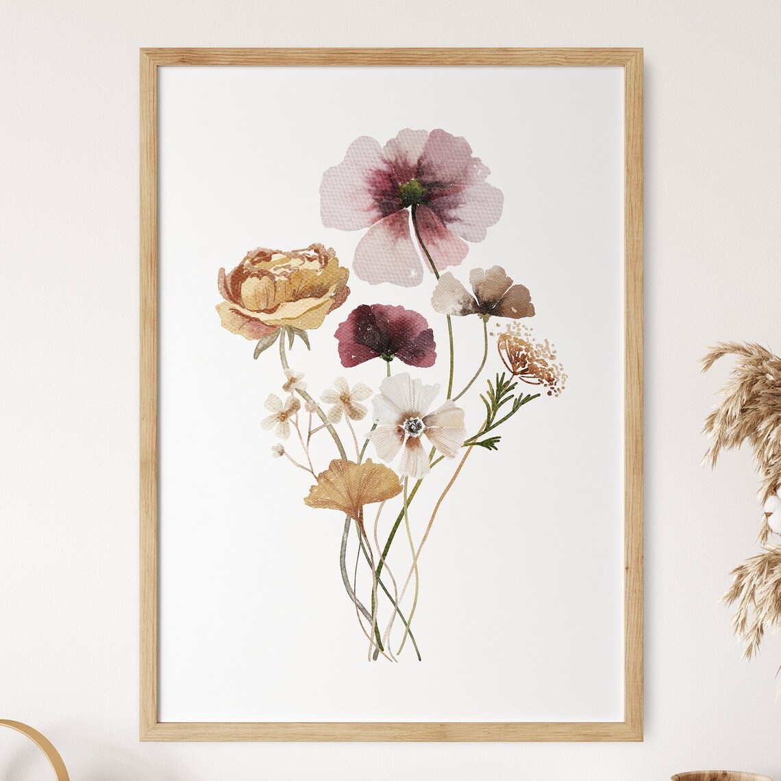 Dried Wildflowers Bouquet Watercolor Muted Fall Floral Print