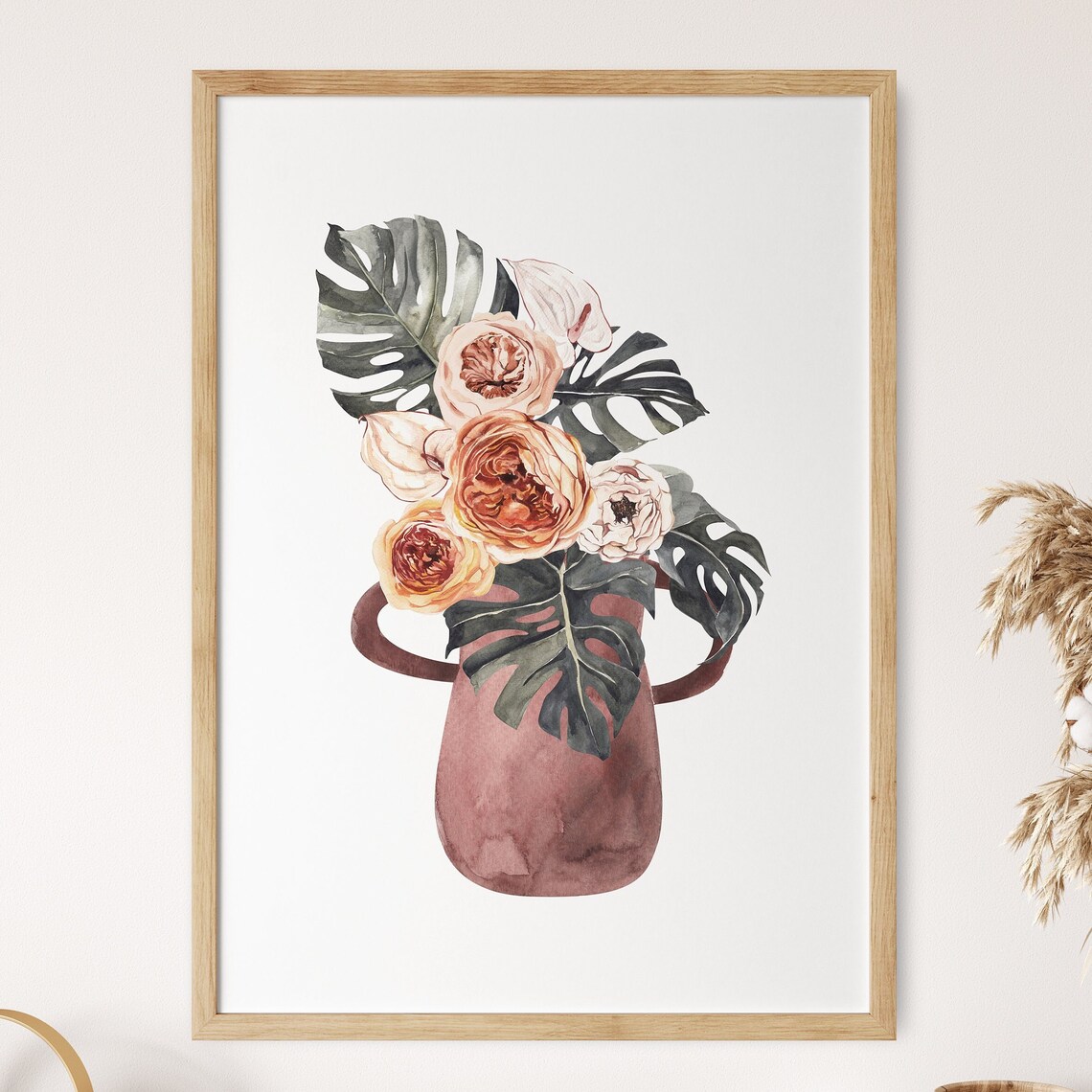 Watercolor Blush Roses And Monstera In Terracotta Vase Poster