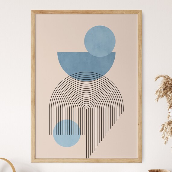 Boho Geometric Wall Art Blue Art Print Mid Century Modern Poster Abstract Rainbow Artwork Circle Wall Decor Nordic Home Decor
