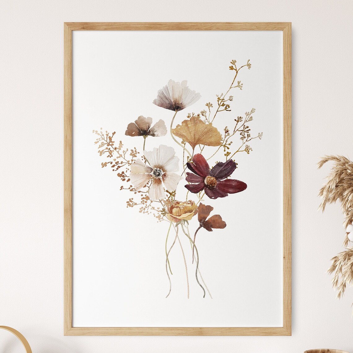 Neutral Wildflowers Bouquet Watercolor Burgundy Fall Farmhouse Poster