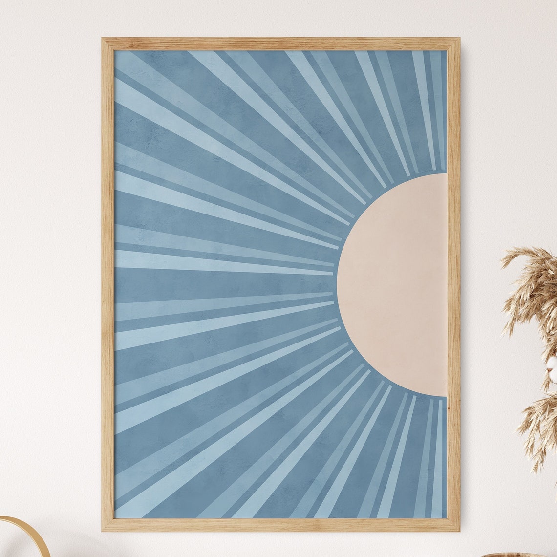 Mid Century Modern Blue Sunburst Rays With Cream Half Sun Poster
