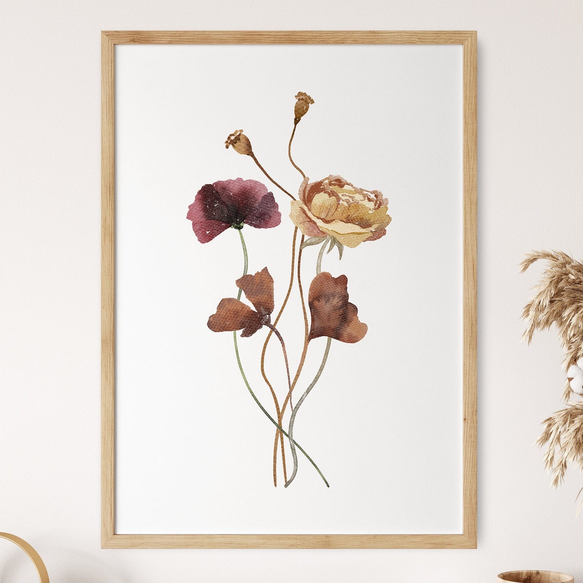 Red Poppy Wildflower Bouquet Watercolor Minimalist Boho Poster