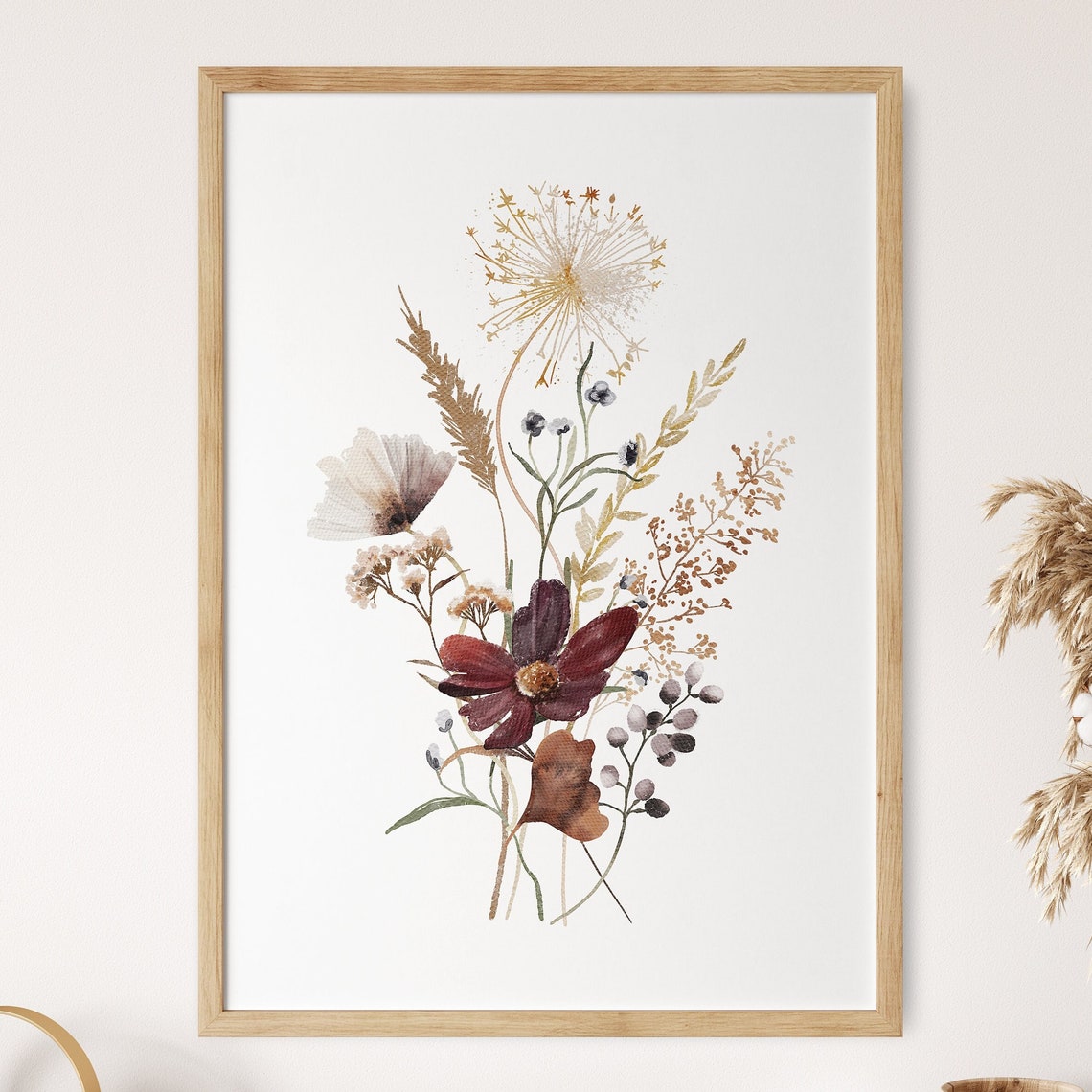 Dried Wildflower Bouquet With Deep Red Cosmos Watercolor Poster