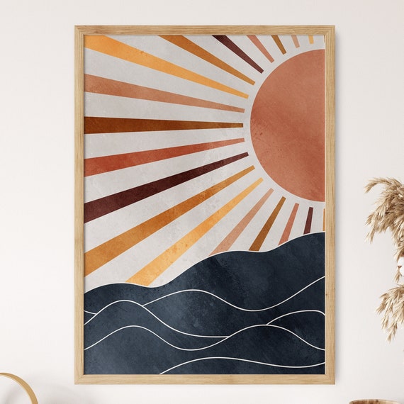 Abstract Sunset Art Boho Sun Wall Art Sunburst Wall Decor Earth Tones Landscape Poster Modern Sunshine Print Neutral Artwork