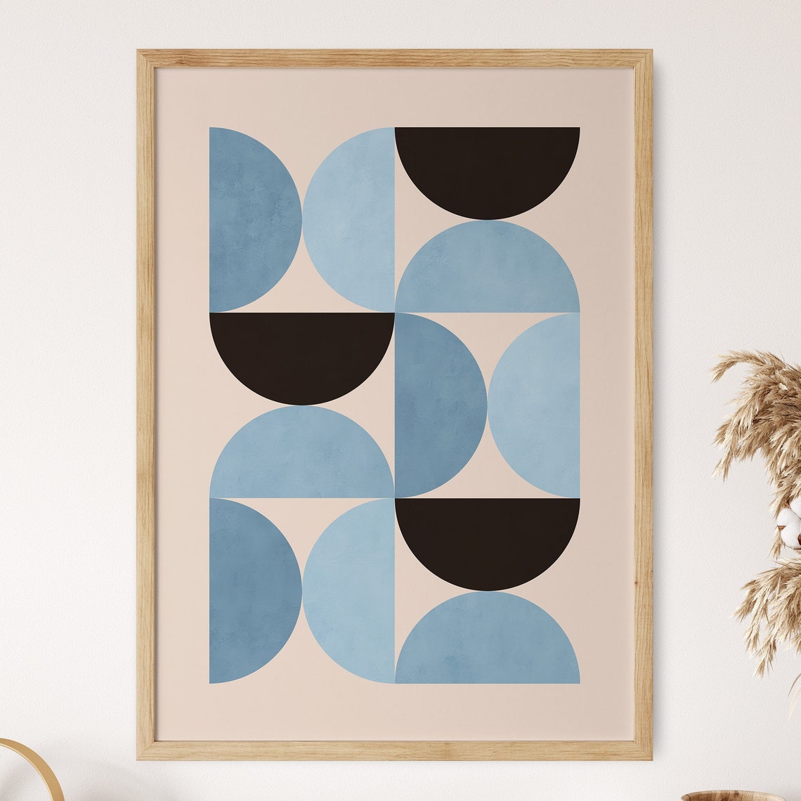 Bauhaus Semi Circle Grid In Blue And Black Geometric Art Poster