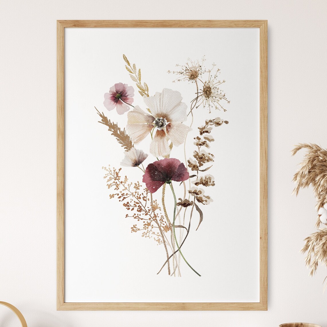 Neutral Wildflower Bouquet Watercolor Burgundy Romantic Boho Poster