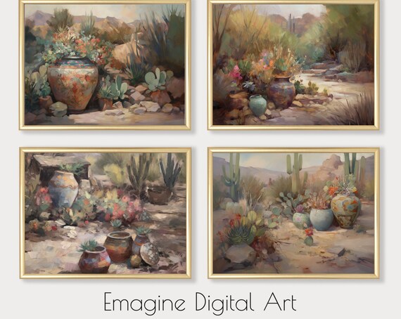 Southwestern Desert Pottery Garden Set of Four Still Life Paintings Poster