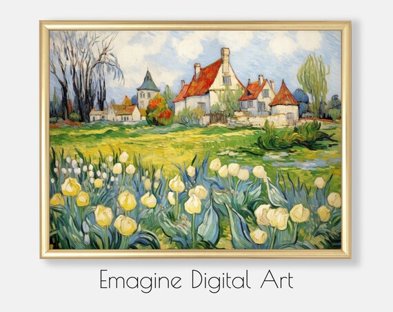 Tulip Field Farm Village Painting Poster Impressionist Spring Floral