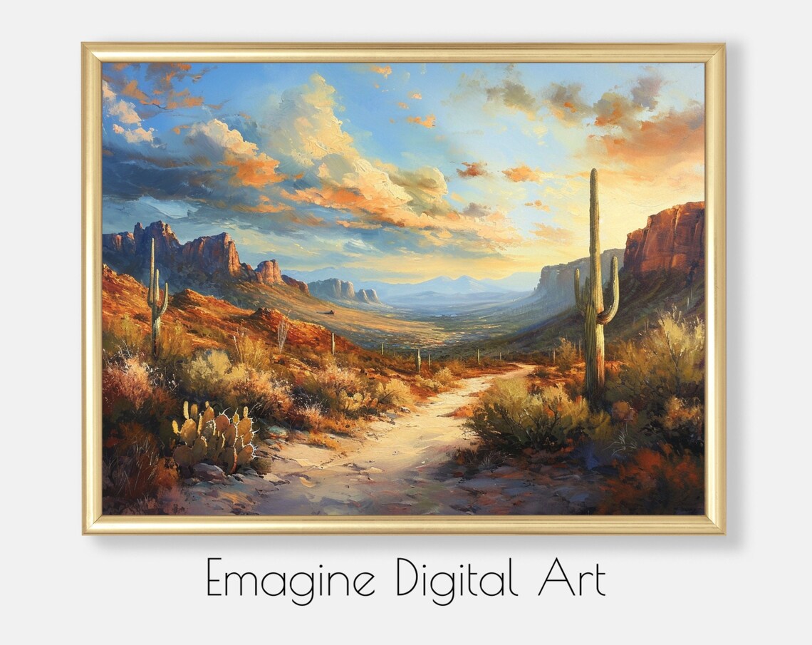 Desert Sunrise Landscape Painting Poster Saguaro Cacti Red Rock Canyon