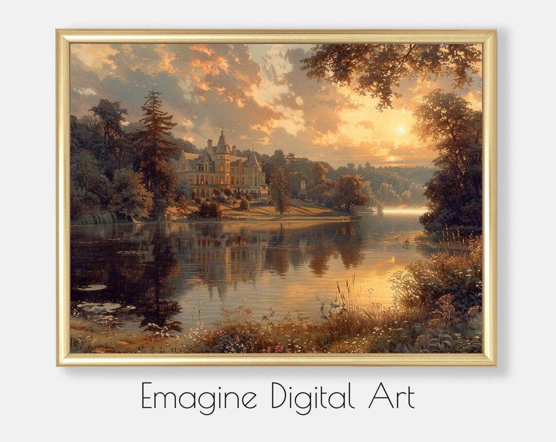 English Country Estate Sunset Lake Classical Landscape Painting Poster