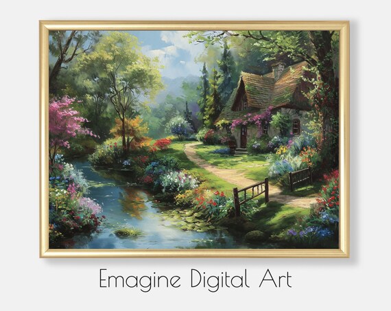 Picturesque Country Cottage Woods Stream Flowers Storybook Art Poster