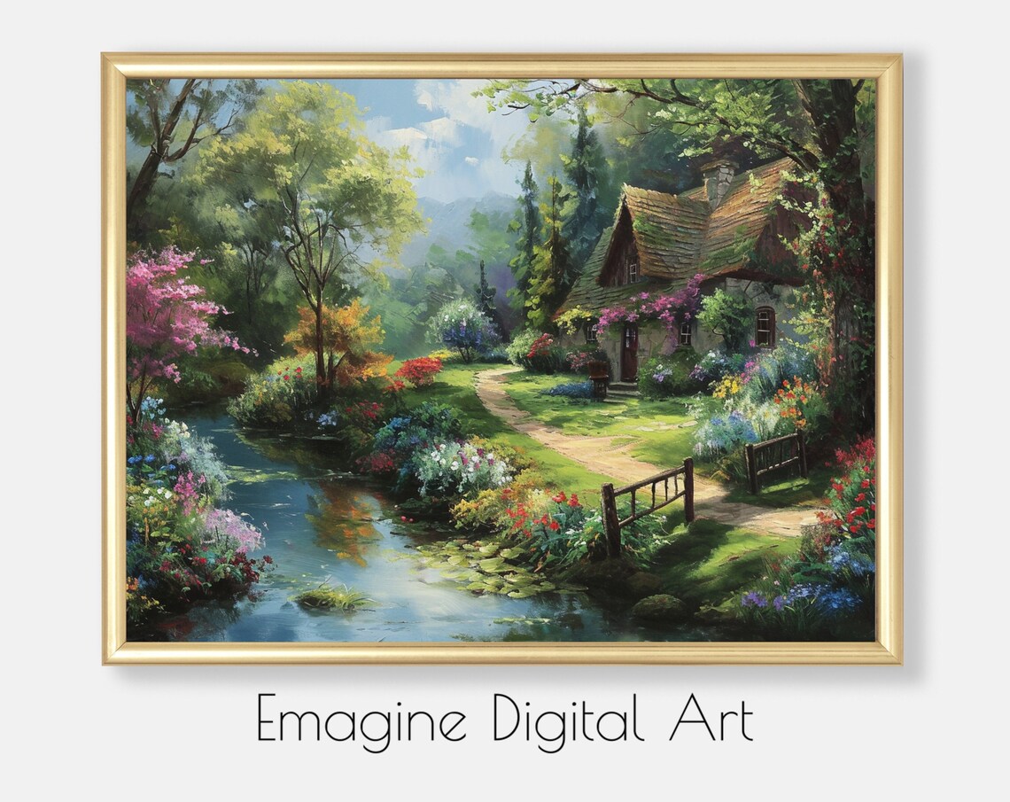 Picturesque Country Cottage Woods Stream Flowers Storybook Art Poster