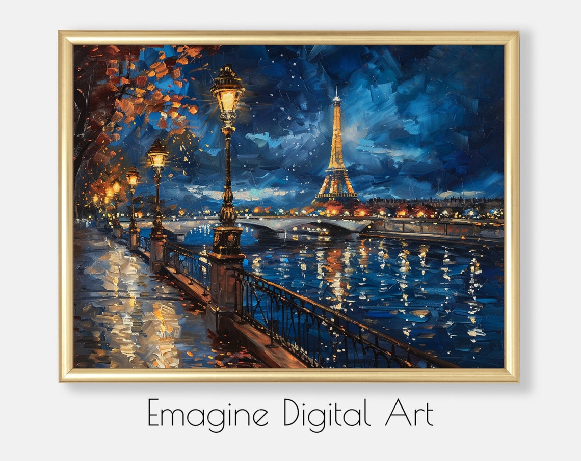 Eiffel Tower River Seine Night Painting Paris Lamplit Riverside Poster