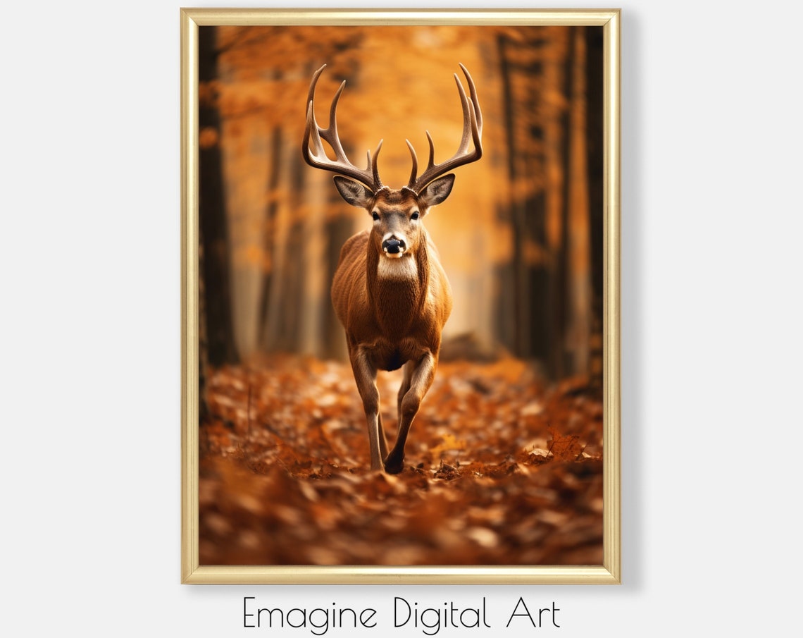 Art Buck Deer Walking In Woods Wildlife Wall Decor Autumn Instantly Print And Frame Wl53