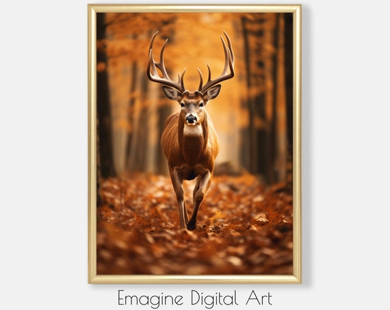 Art Buck Deer Walking In Woods Wildlife Wall Decor Autumn Instantly Print And Frame Wl53