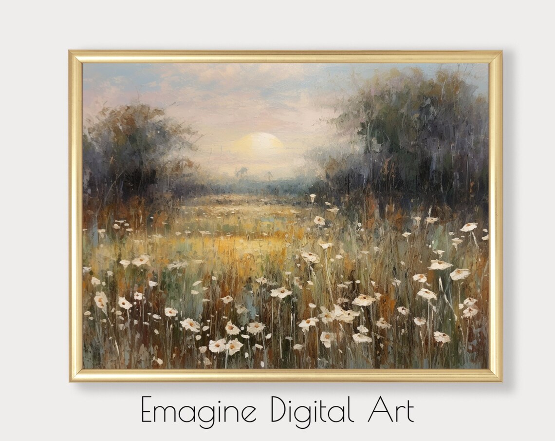 Vintage Country Daisy Field Golden Sunset Meadow Landscape Painting Poster